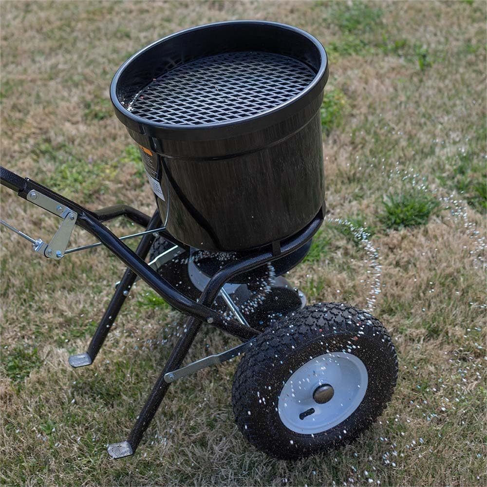 Titan Attachments 50 lb Professional Fertilizer Push Broadcast Spreader, Spreads 10 to 12 FT, Lawn Care and Ice Melter, Yard Tool