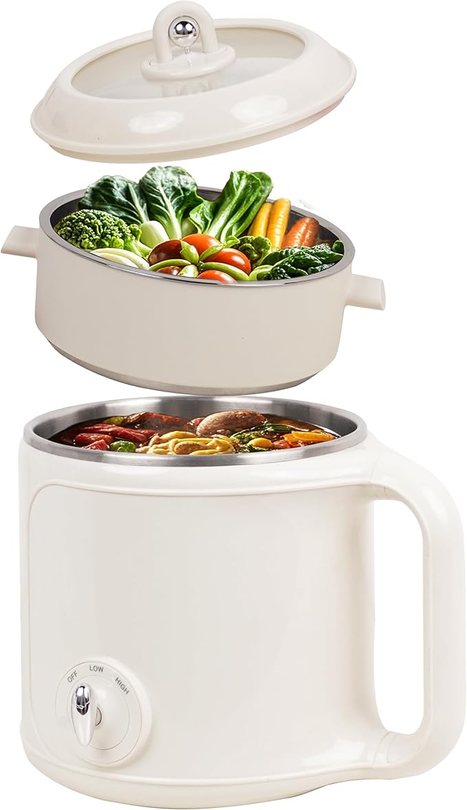 Electric Hot Pot with Steamer: 2.0L Ramen Cooker, Multifunctional Stainless Steel Electric Pot, Portable, Dual Power Adjustment for Dorm, Office, Travel