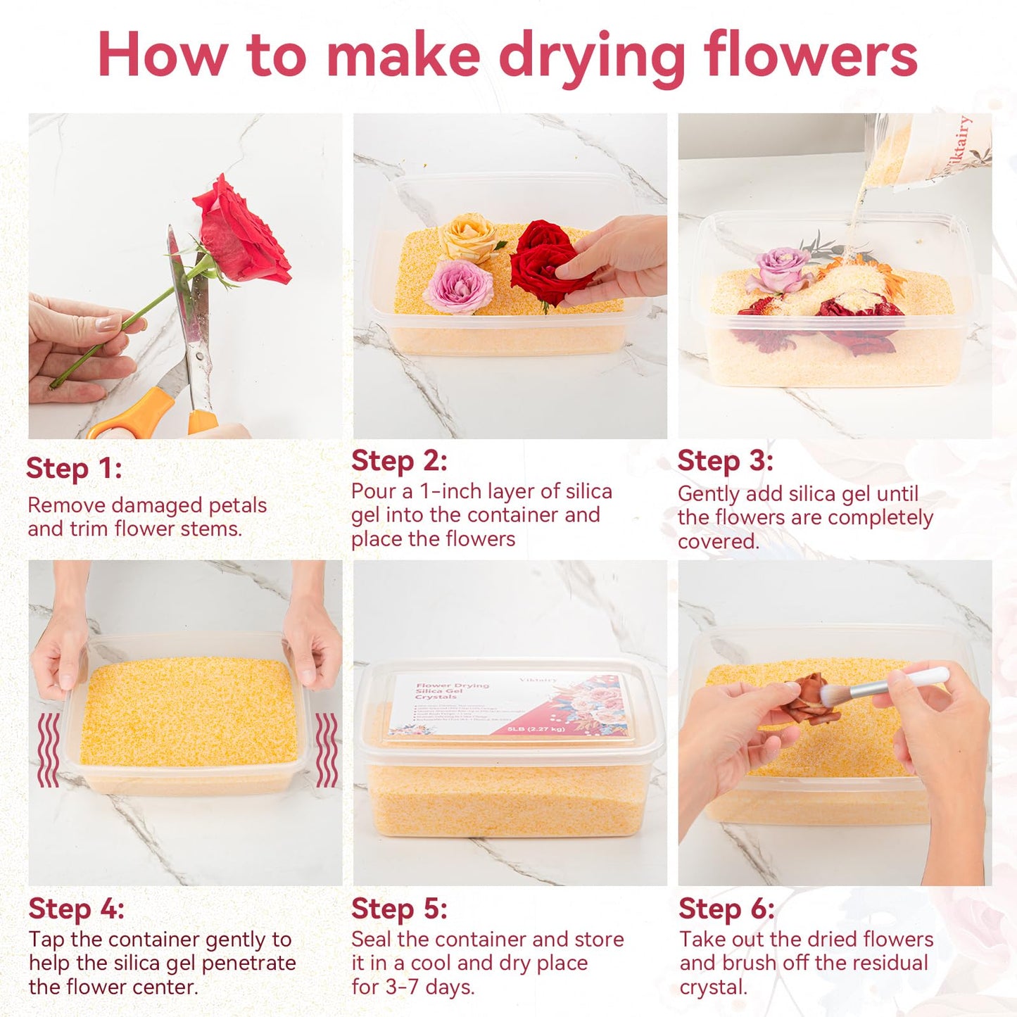 Silica Gel Flower Drying Crystals 5LBS, Reusable Color Indicating Flower Drying Silica with Airtight Container and Brush, DIY Wedding Bouquet Flower Preservation Kit, Fine Bead Size<1mm