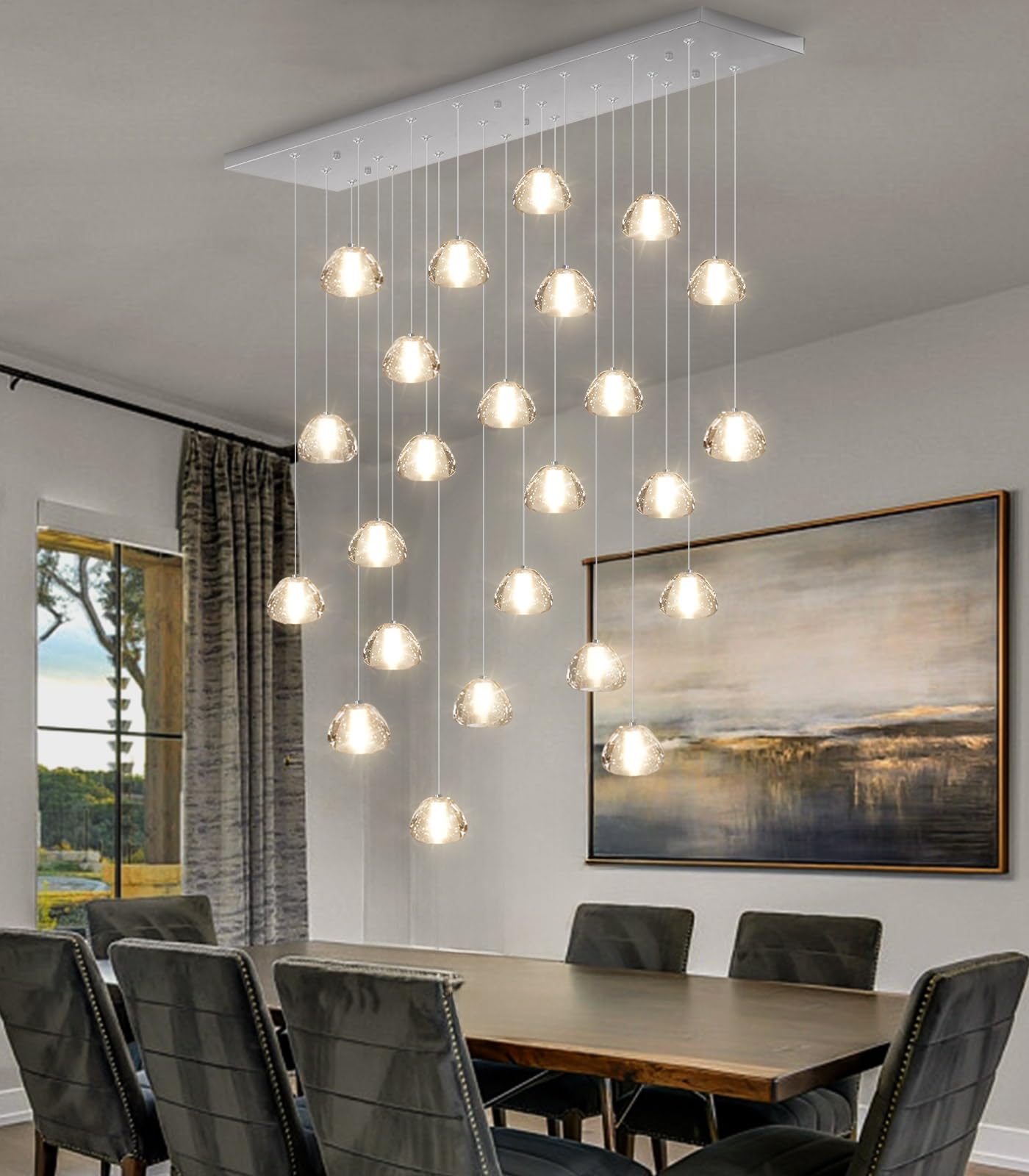 Dolria 24-Lights Modern Rectangular Crystal Chandelier Led Raindrop Ceiling Pendant Light Crystal Lighting Fixture For Living Room Hotel Staircase Hallway Foyer Entryway Bedroom Silver