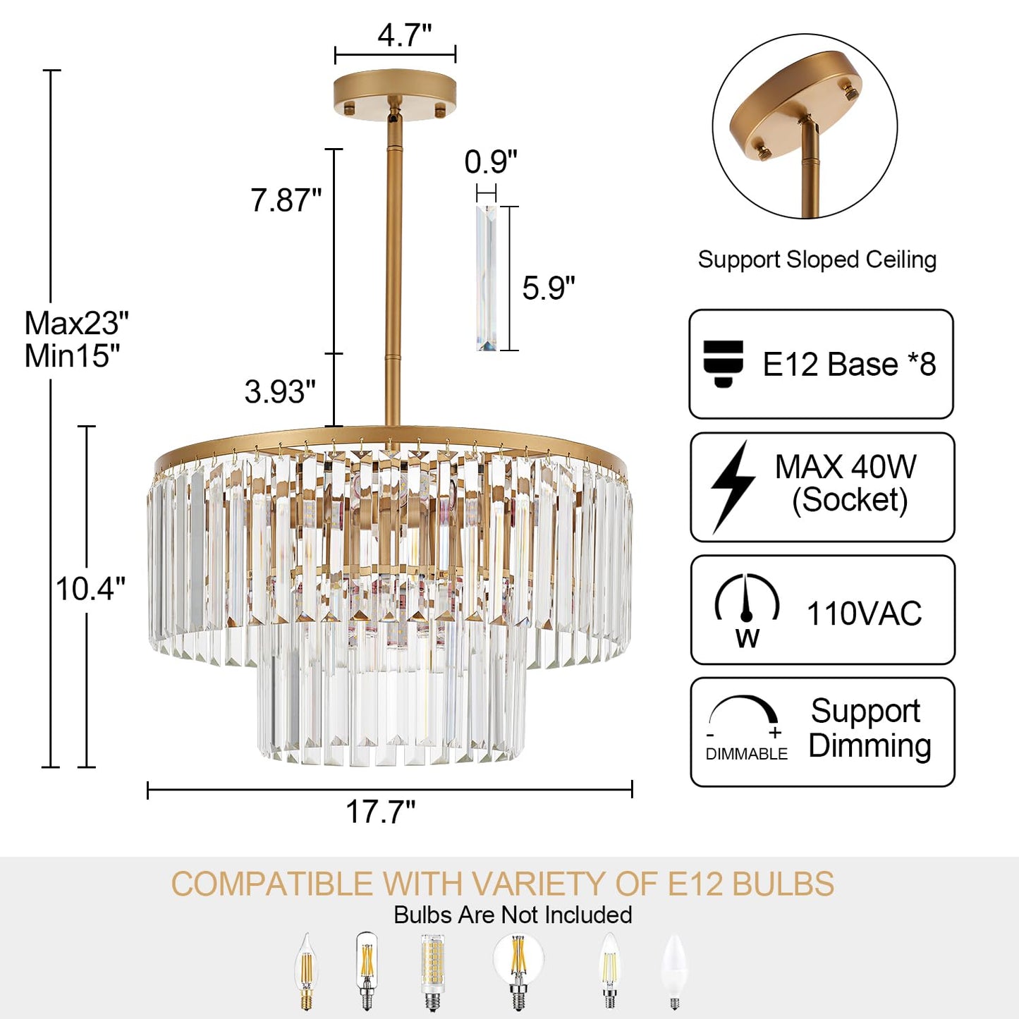 Lighceac 17.7 Gold Semi Flush Mount 2-Tier Crystal Ceiling Light Fixtures For Dining Room Modern Industrial 8-Light Chandeliers Lighting For Bedroom Entryway Hallway Kitchen Island Living Room Foyer