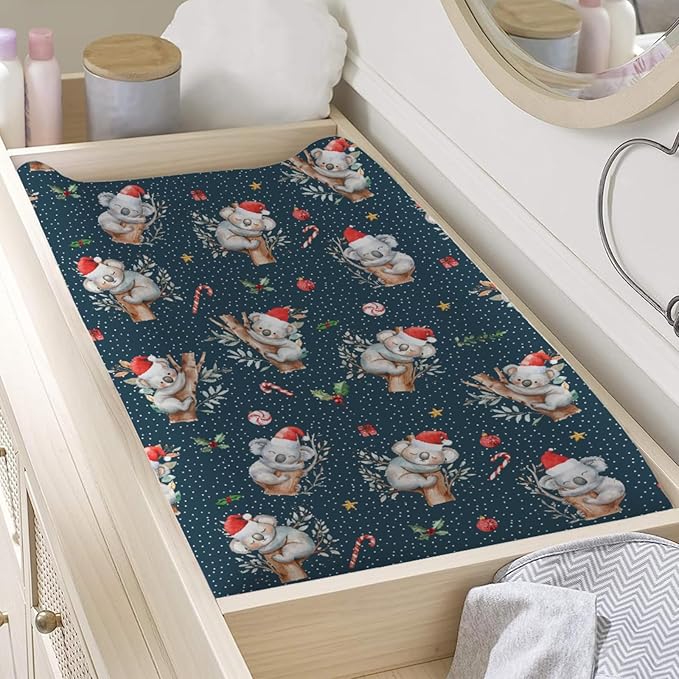 Christmas Koala Baby Changing Pad Covers Australian Animal Diaper Changing Table Sheets for Boy Girl Cute Koala Bears Santa Hat Branch Gift Soft Stretchy Fitted Baby Change Table Mats 32''x16''