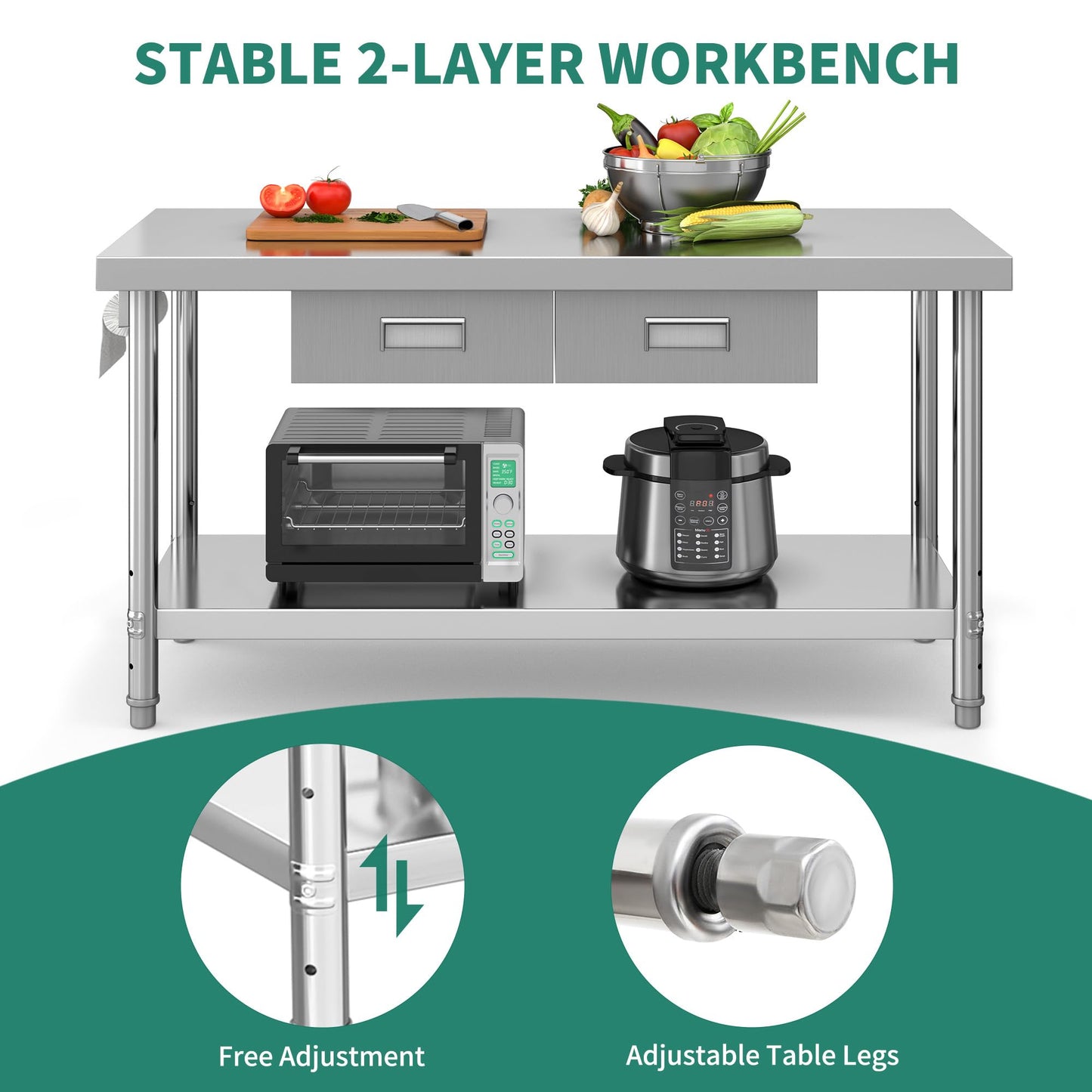YITAHOME 60" X 24" Stainless Steel Table with Paper Towel Holder and 2 Drawers, NSF Work Table with Drawer, Metal Table Prep Table for Home Kitchen Restaurant Garage Warehouse