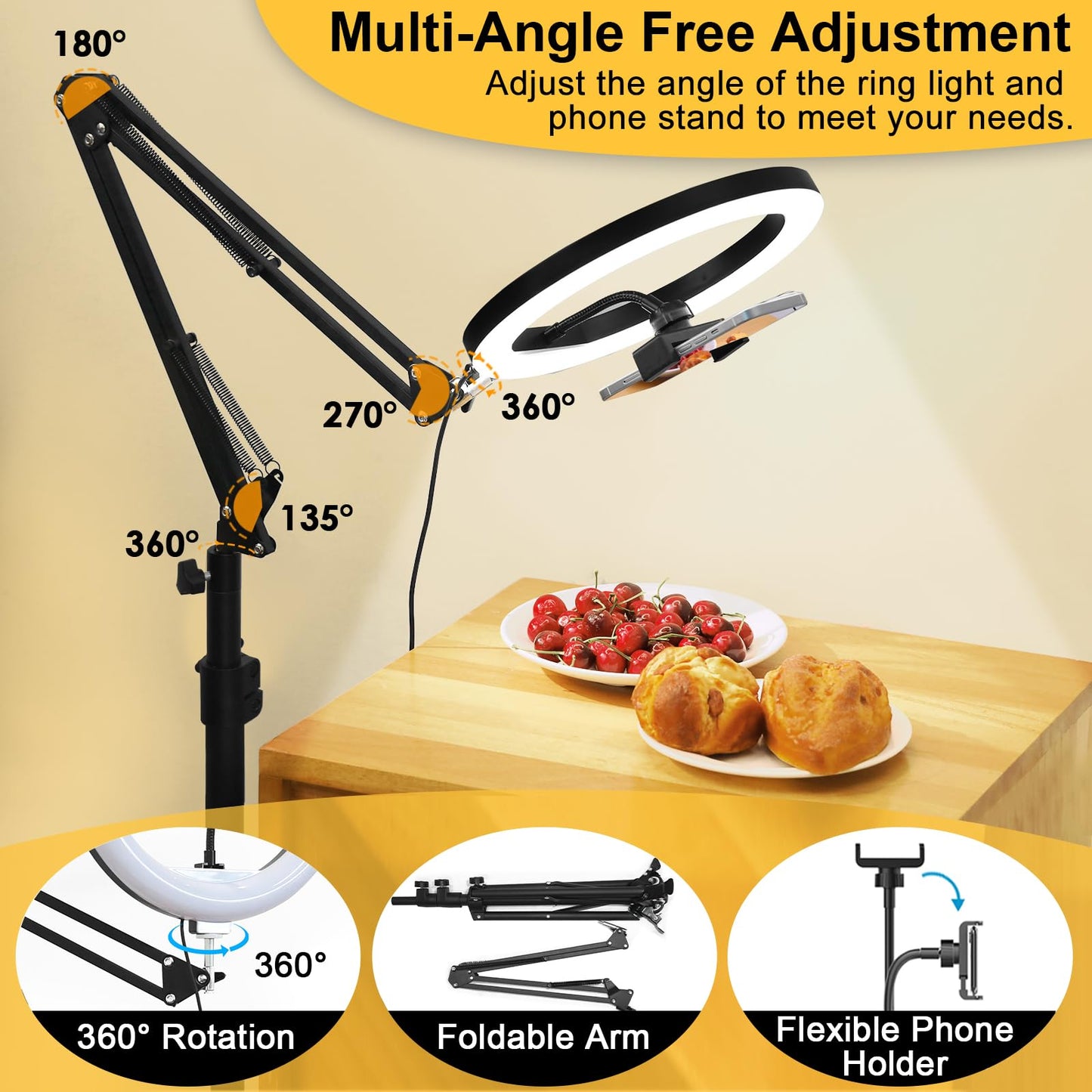 Yoobao 12 Ring Light With 81 Tripod Stand Folded Arm, Overhead Camera Mount Phone Holder With Casters, 3 Color Modes, Led Selfie