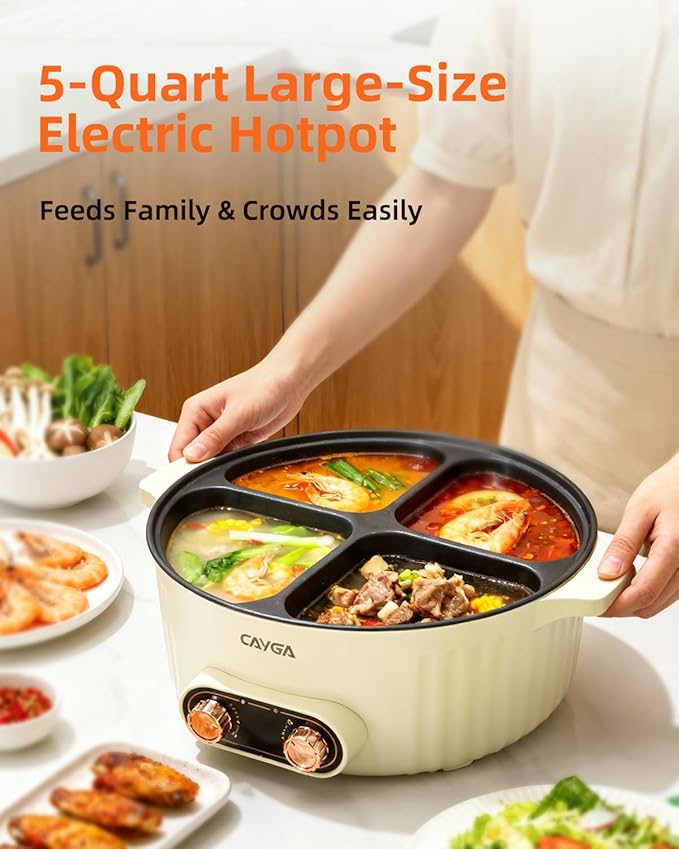 Electric Hot Pot Cooker with Divider, 4 Compartment Hotpot Pot, 2000W Shabu Shabu Pot Electric with Non-Stick, 5Qt Hot Pots for Indoor Cooking, Family Party