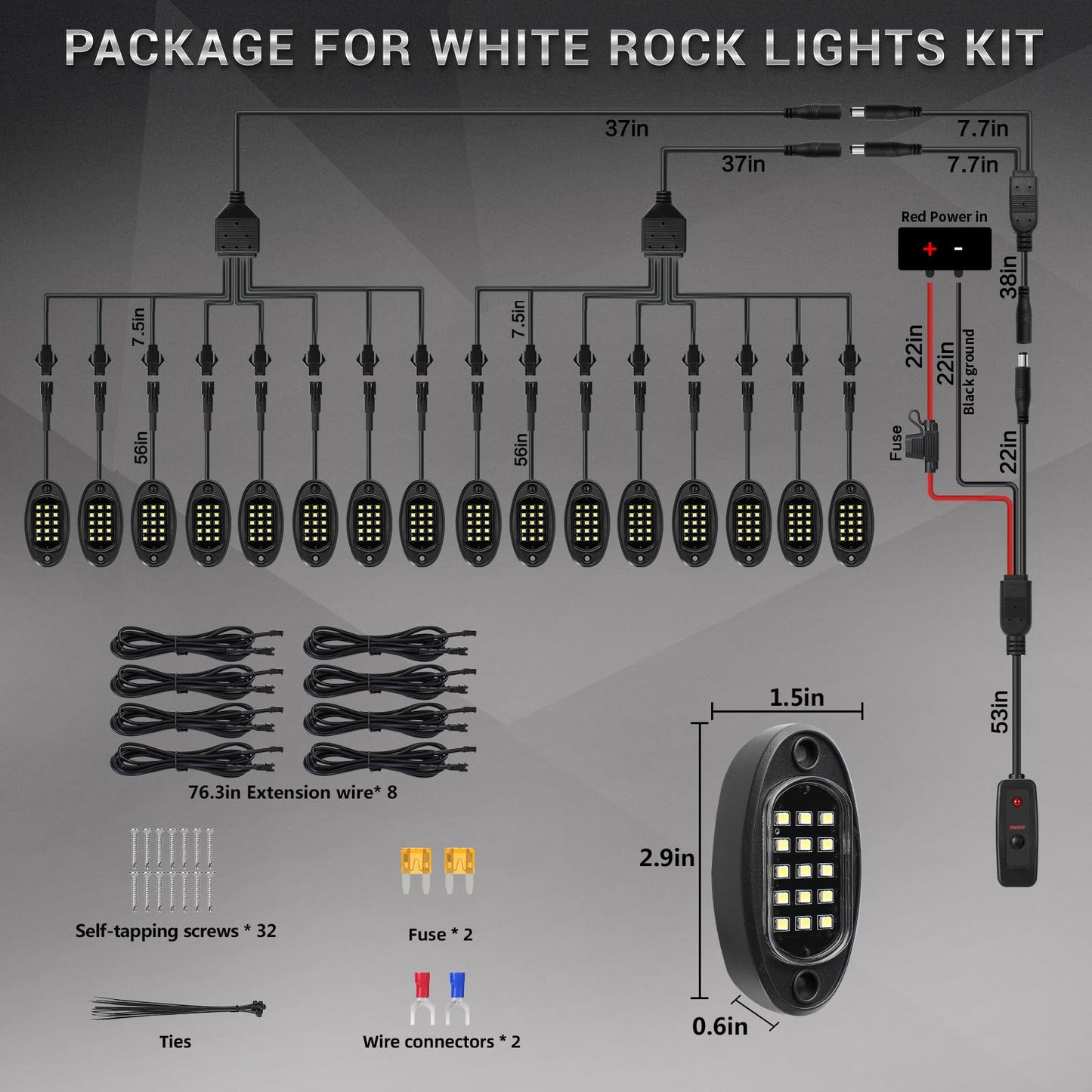 16 Pods Pure White Led Rock Lights With Extension Wires  Ip67 Waterproof 6500K Super Bright White Underglow Kit For Semi Truck Sedans Trailer Offroad Pickup Rv Underbody Under Car Lighting