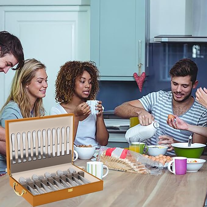 Wooden Silverware Storage Box With Lid, Cutlery Case With Handle & Felt Lined, Silver Flatware Chest for 12 Sets of Utensil for Forks, Knives, Spoons, Kitchen and Dining Organizer, Walnut