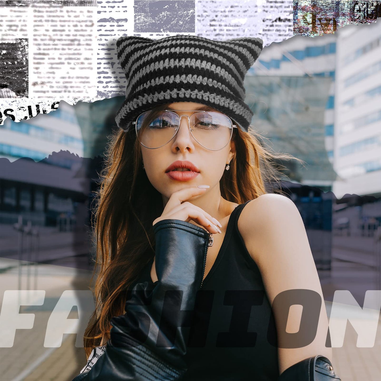Hercicy 4 Pcs Fairy Grunge Accessories 2 Pcs Y2k Grunge Knitted Cat Beanie 2 Pair Ripped Gloves Winter Warm Knitted Stripe Crochet Hats Beanies with Ears Crochet Glove for Women