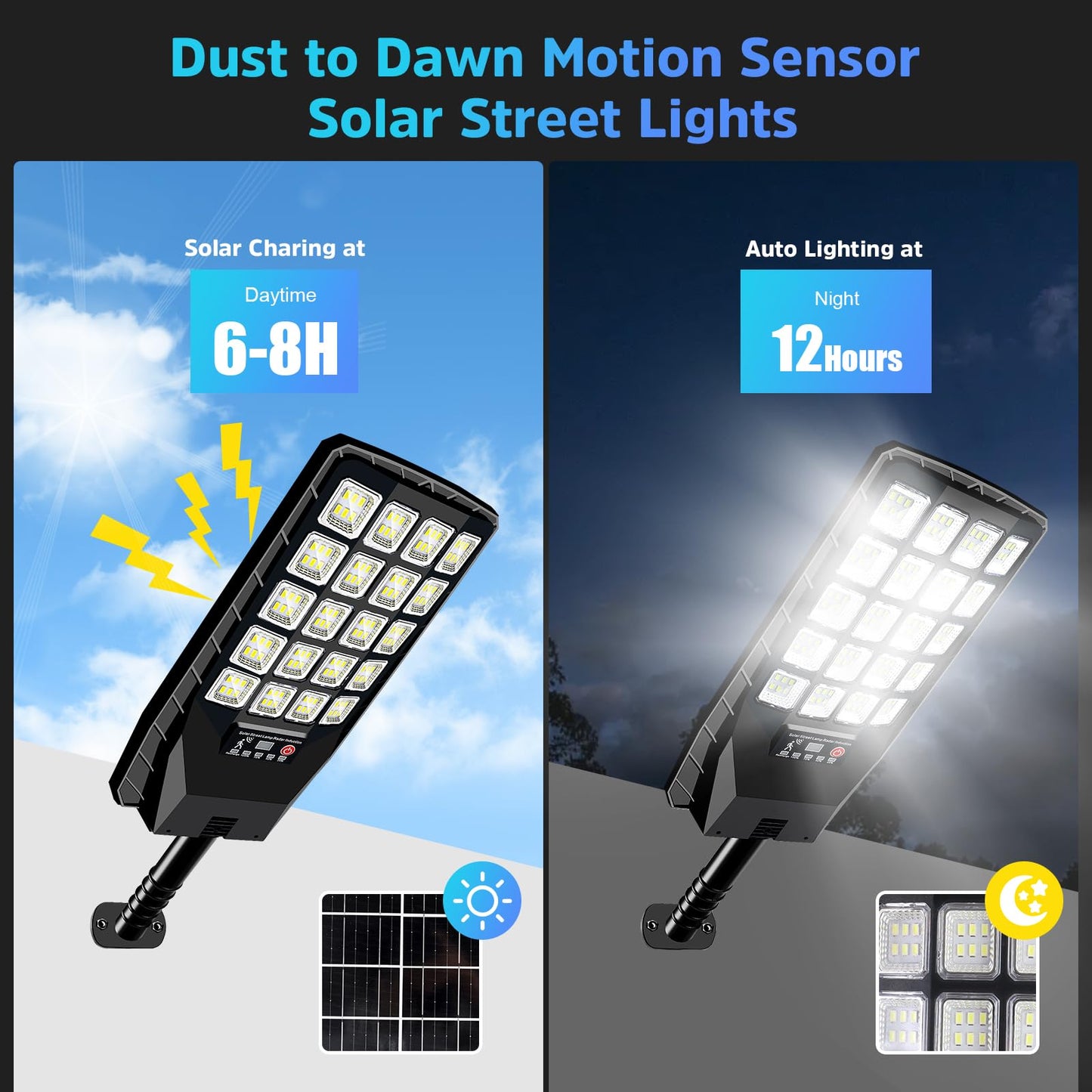 Yusist 2 Pack Solar Street Lights, 6500K 20000LM, Waterproof with Motion Sensor & Remote Control, Black, Model JX188-2