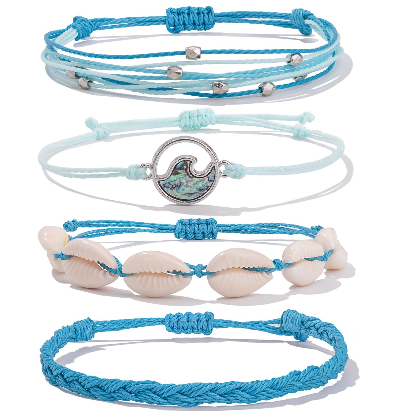 FANCY SHINY Wave String Bracelets Braid Puka Shell Bead Bracelets Handmade Cute Trendy Abalone Boho Jewelry Gifts for Women(Lake