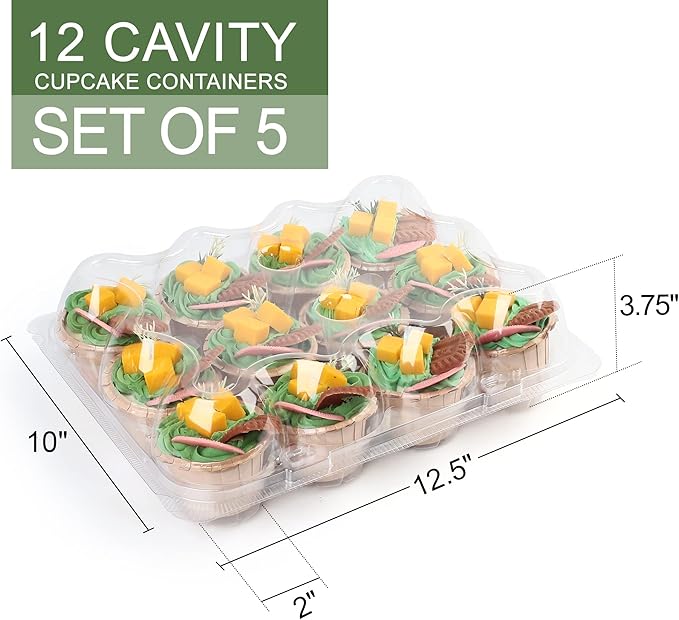 LotFancy Cupcake Containers 12 Count, 5 Sets, Plastic Stackable Cupcake Boxes, Disposable Muffin Holder with Detachable Tall Dome Lid, BPA Free, Clear Cupcake Carrier, Standard Size