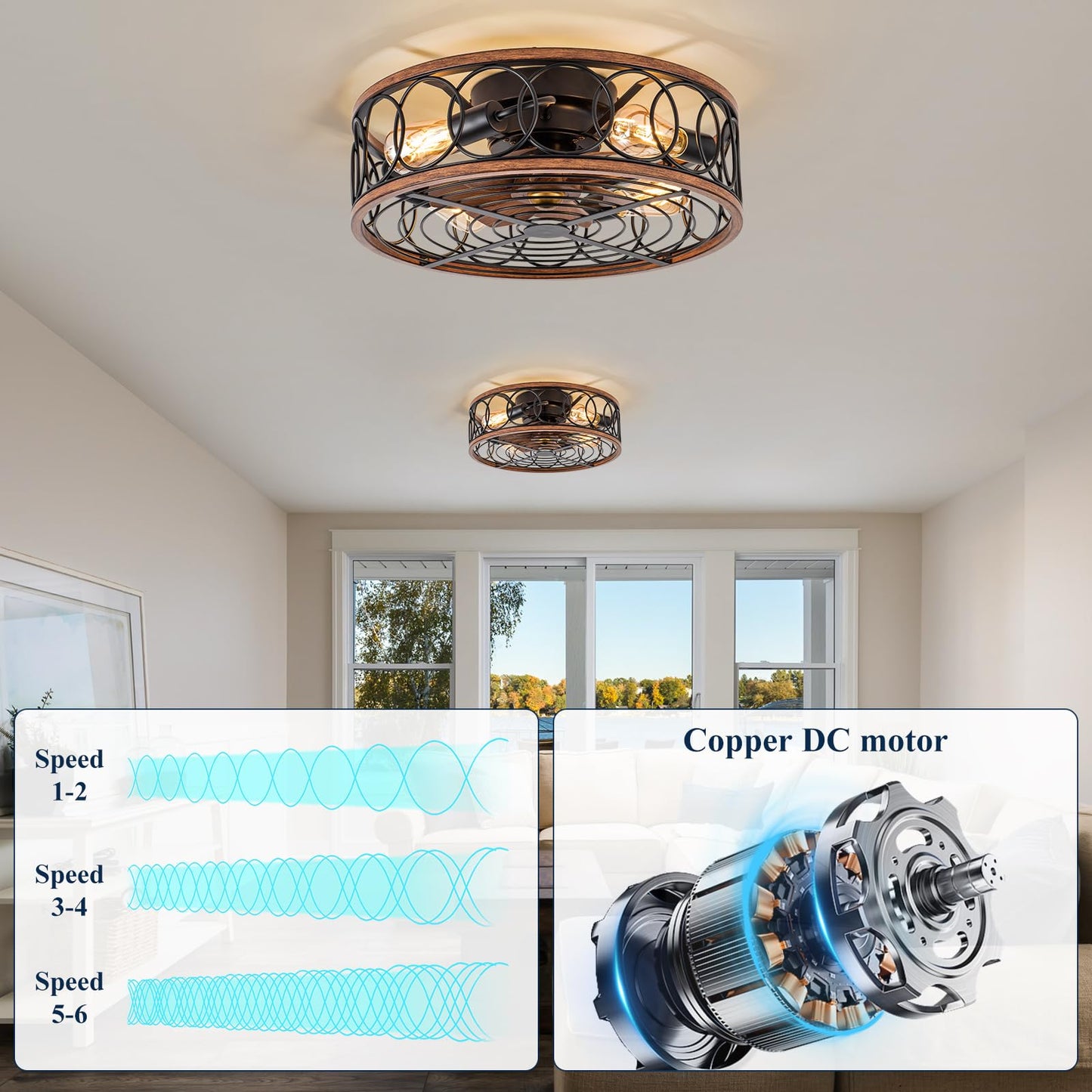 Farmhouse Ceiling Fans With Lights And Remote, 20 Low Profile Caged Lighting With Bladeless Fan, Rustic Flush Mount With E26 B