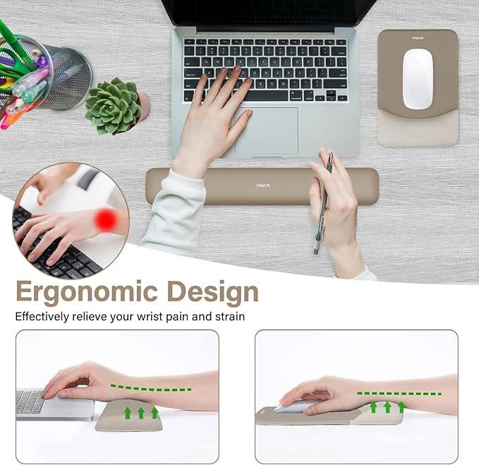 MOSISO Wrist Rest Support for Mouse Pad&Keyboard Set, Rectangular Ergonomic Mousepad Non-Slip Base Home/Office Pain Relief&Easy Typing Pad with Neoprene Cloth&Raised Silicone Lining, Bronze Brown