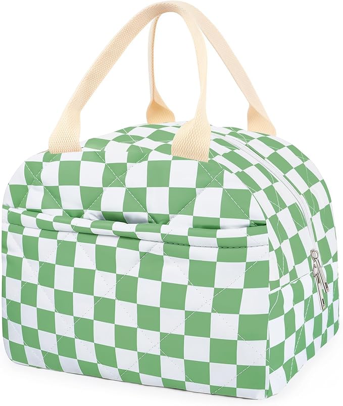Cotton Quilted Insulated Lunch Bag, Cute Quilted Floral Lunch Tote Bags Reusable Insulated Lunch Box Coquette Aesthetic Large Capacity Insulated Cooler for Women Work Travel Picnic (Checkered Green)