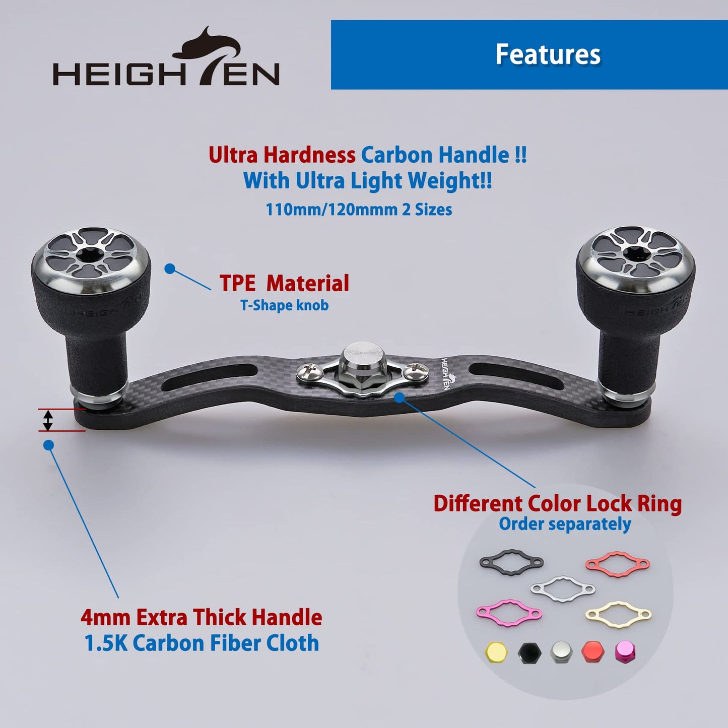 HEIGHTEN 110mm/120mm Fishing Reel Handle for Shimano Daiwa Abu Garcia Penn Kastking Lew's Baitcasting Reel Power Crank Accessory (Black & Silver, 120mm Carbon Handle 24mm TPE Knob) (0431)