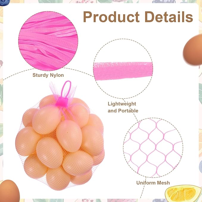 uxcell 100Pcs Reusable Produce Mesh Bags, 35cm Mesh Nylon Netting with Loop-Style Closures, Stretchable Egg Hatching Bags for Fruit Vegetable Storage, Pink