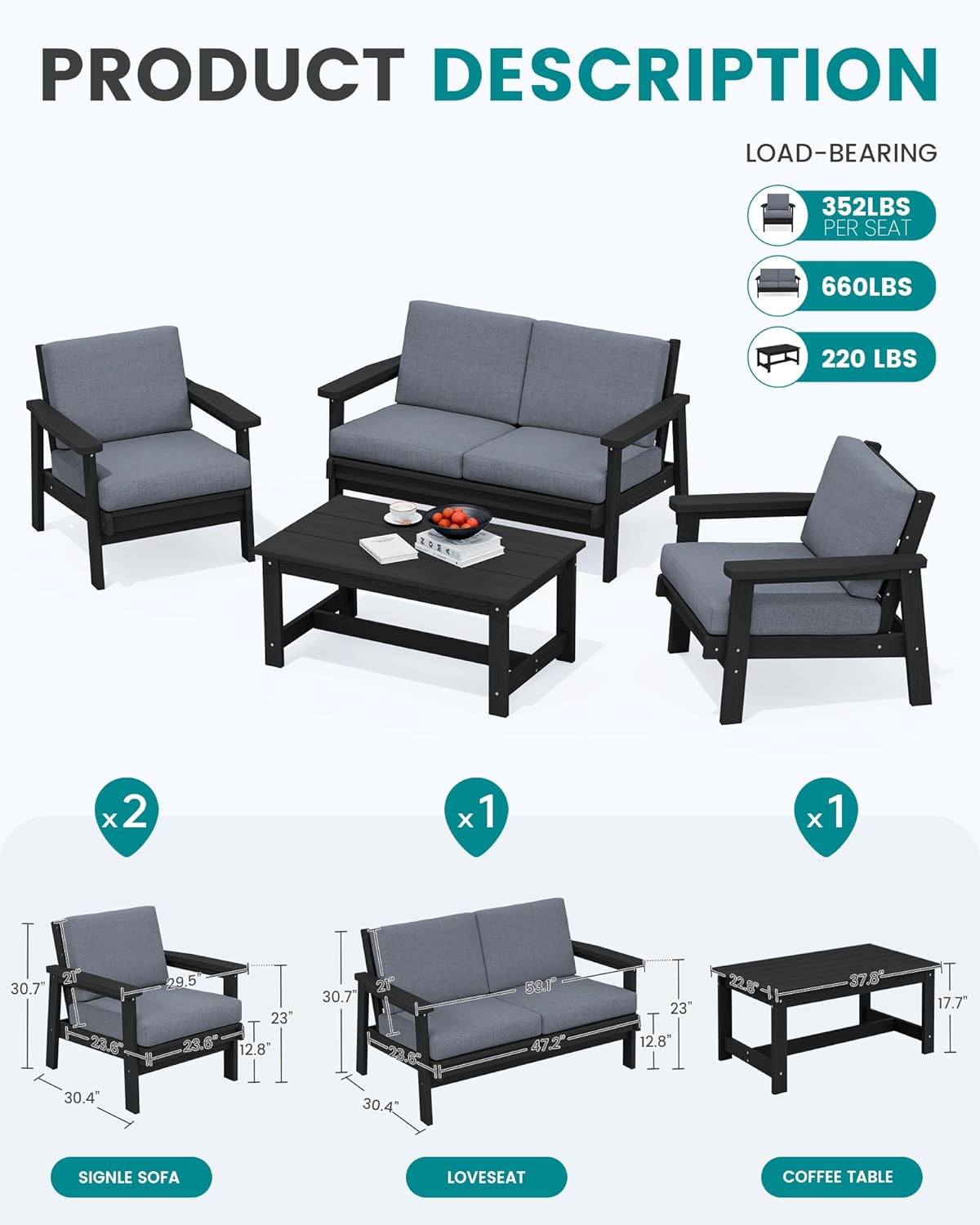 SERWALL HDPE Patio Furniture Set with 15FT Double Side Patio Umbrella, All Weather Wood-Like Outdoor Sofa Sectional Couch, Black Patio Furniture with Grey Cushions