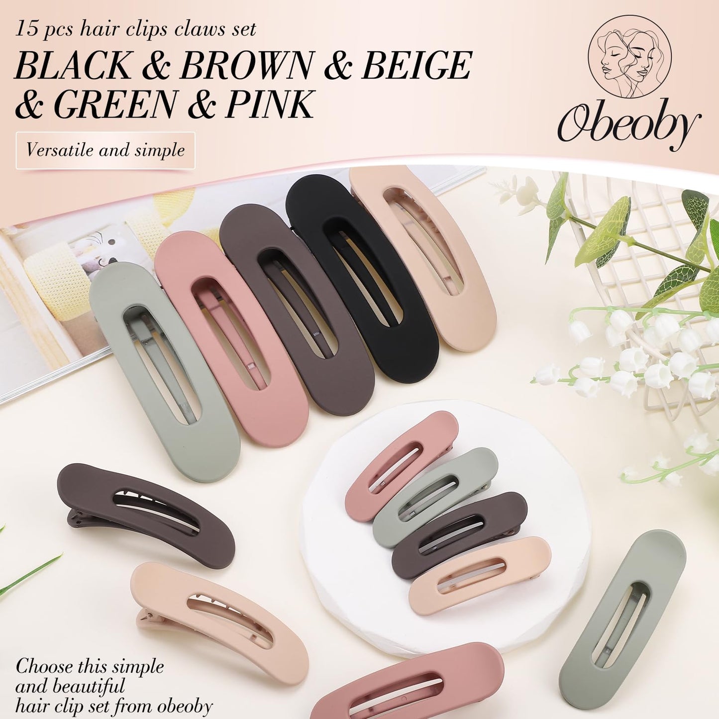 15 PCS Flat Hair Clips, 5 Colors Flat Claw Clips 3 Sizes Hair Claws for Women Girls Thin Hair