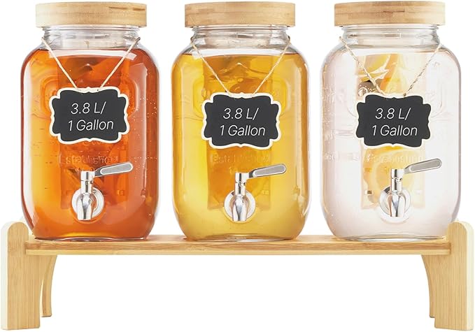 VEVOR Beverage Dispenser, 3 Pack 1 Gallon Drink Dispensers for Parties, Glass Juice Dispenser with Wood Stand, Stainless Steel Spigot, Infuser, Iced Tea Lemonade Juice Water Dispensers for Parties