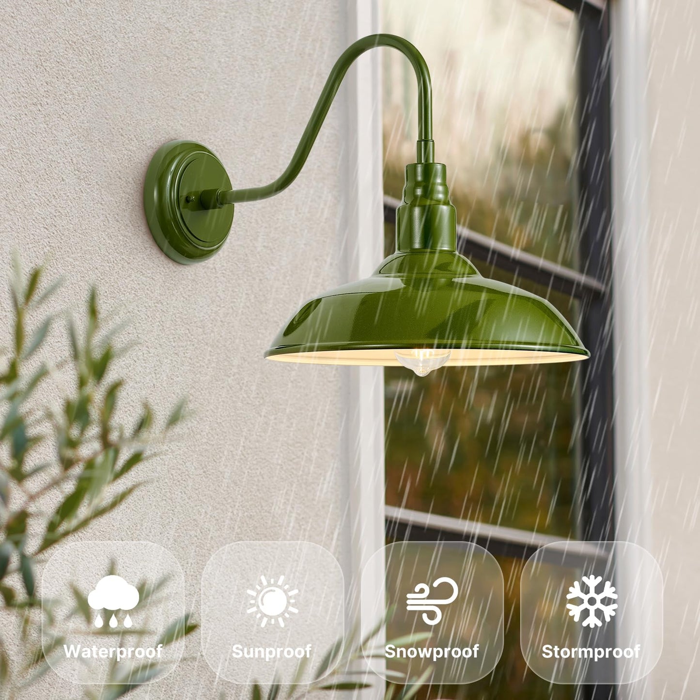 GOALPLUS Gooseneck Wall Light Fixture, 14in Dome, Olive Green, Metal, Model LM2202-AG, Outdoor Barn Style Sconce for Porch, Garage, House