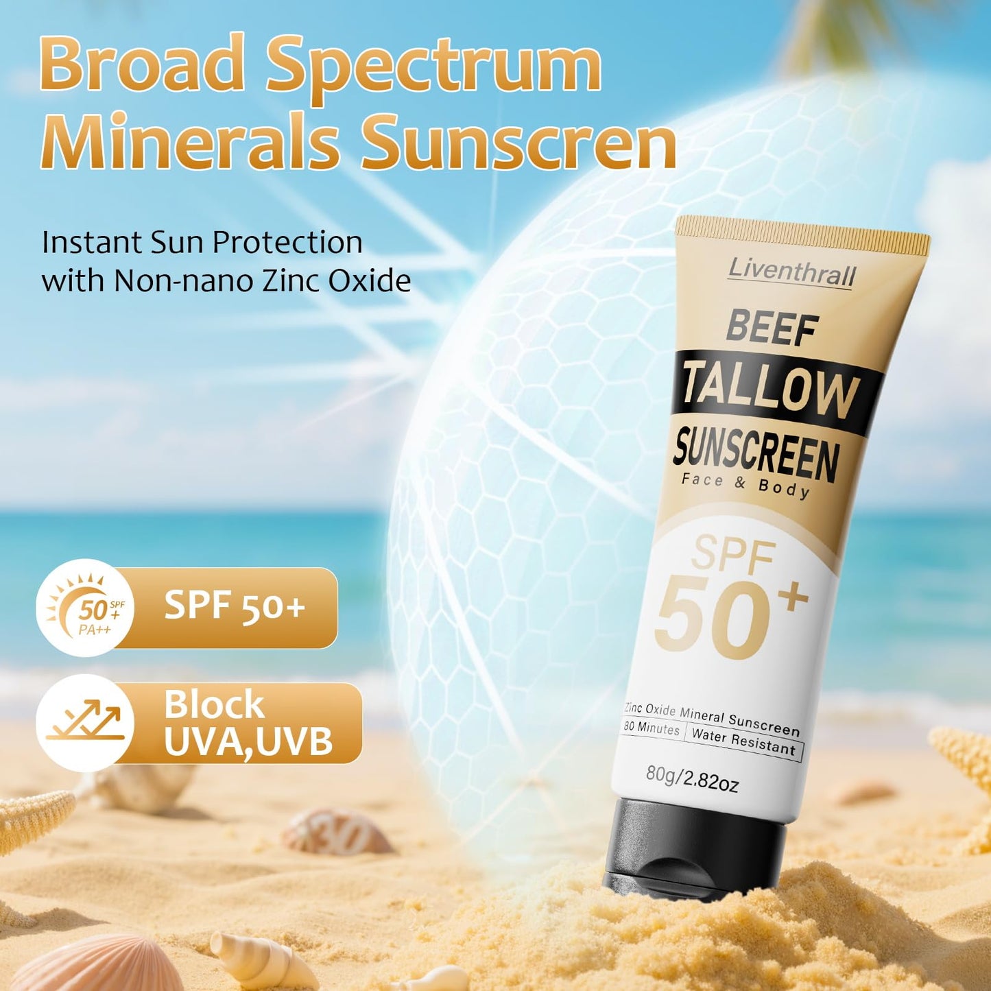 Mineral Sunscreen with Non-Toxic Zinc Oxide SPF 50, Organic Natural Beef Tallow Sunblock with Honey Beeswax, Non Greasy Formula