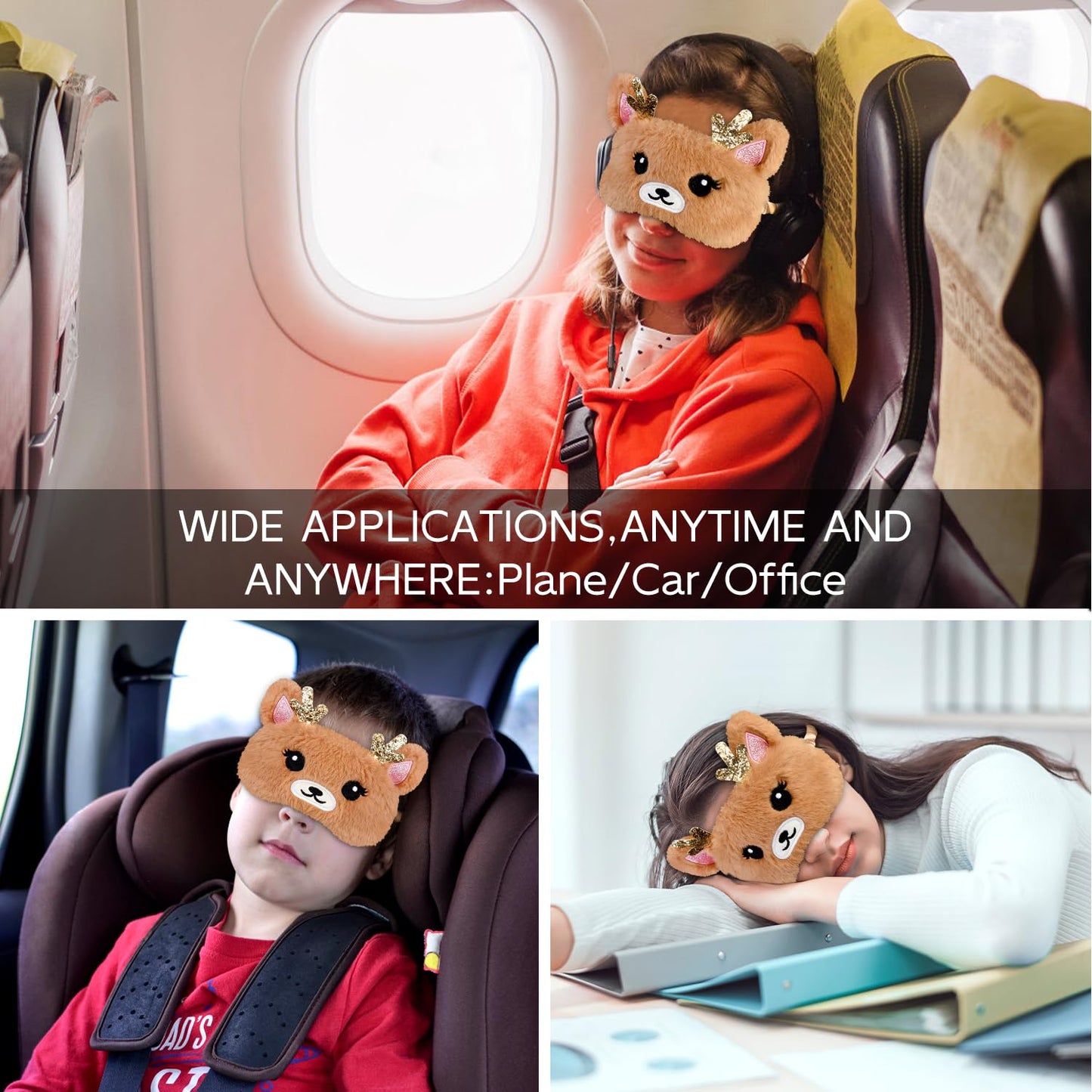 VHOPMORE Cute Animal Sleeping Mask Sleep Mask, Xmas Reindeer Soft Plush Eye Mask for Travel Nap Funny Rudolph Blindfold Eye Cover Eyeshade for Adult Kids Girls Teens Men Women - Reindeer, Gold & Brown