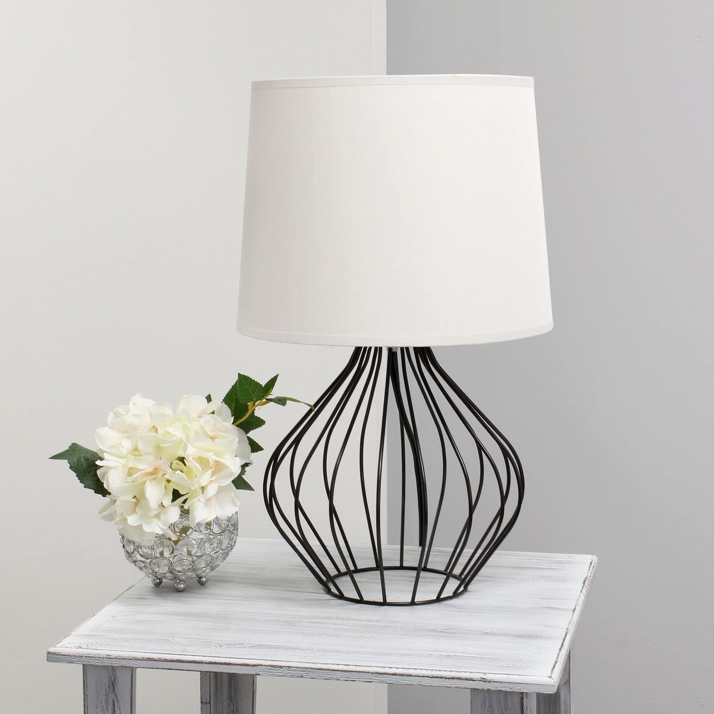 Simple Designs Bedside Table Lamp Geometrically Wired Iron Black Base White Shade 12.25inL x 12.25inW x 19.75inH Model LT2086-WOB