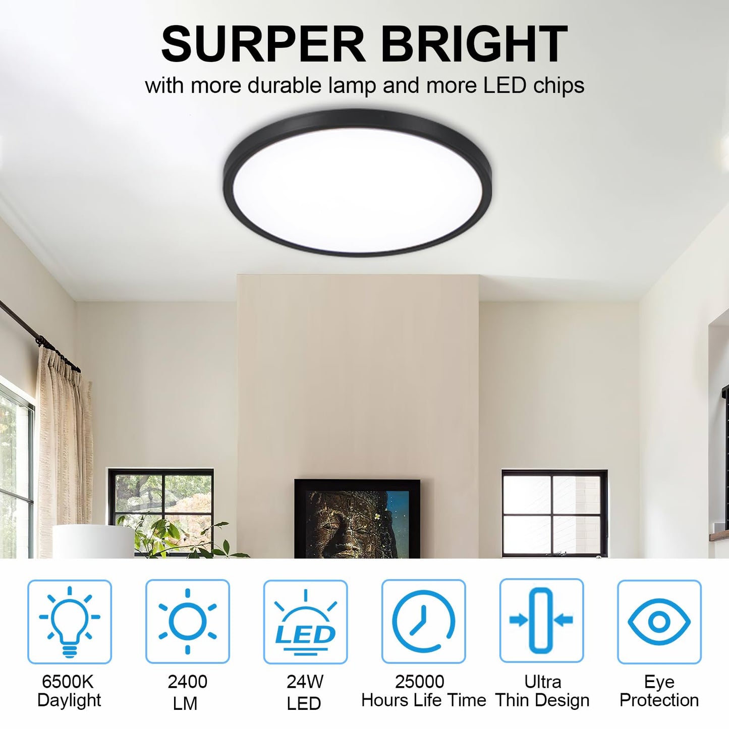 DINGLILIGHTING 6-Pack LED Flush Mount Ceiling Light 12in 24W Dimmable 5CCT Plastic Black