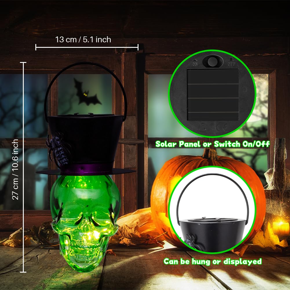 Halloween Skull Decor Hanging Solar Lanterns Lights Decorations Scary Glass Ornaments For Party Garden Porch Yard Patio Lawn (Green)
