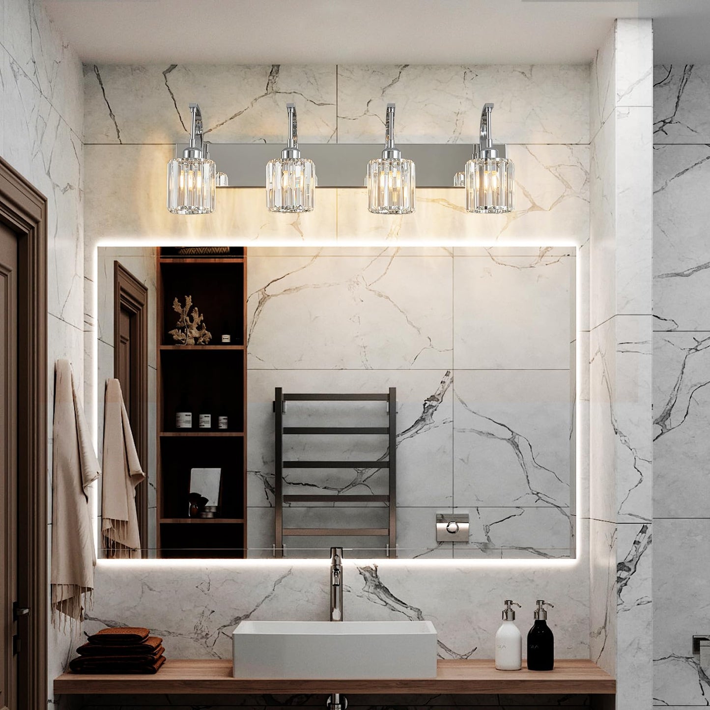 Fdpby 4-Light Crystal Vanity Light  Modern Chrome Bathroom Wall Sconce With K9 Crystal Shades  32.67 Long Over Mirror Lighting For Vanity  Makeup  Hallway  Elegant & Easy Install