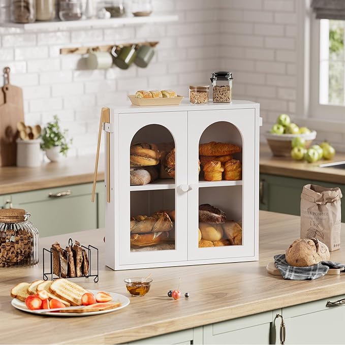WOWLIVE Corner Bread Box for Kitchen Countertop, 2 Tier Bamboo Bread Storage Container for Homemade Bread with Clear Acrylic Door Panel, Bread Bin Farmhouse Breadbox Organizer (White, Extra Large)