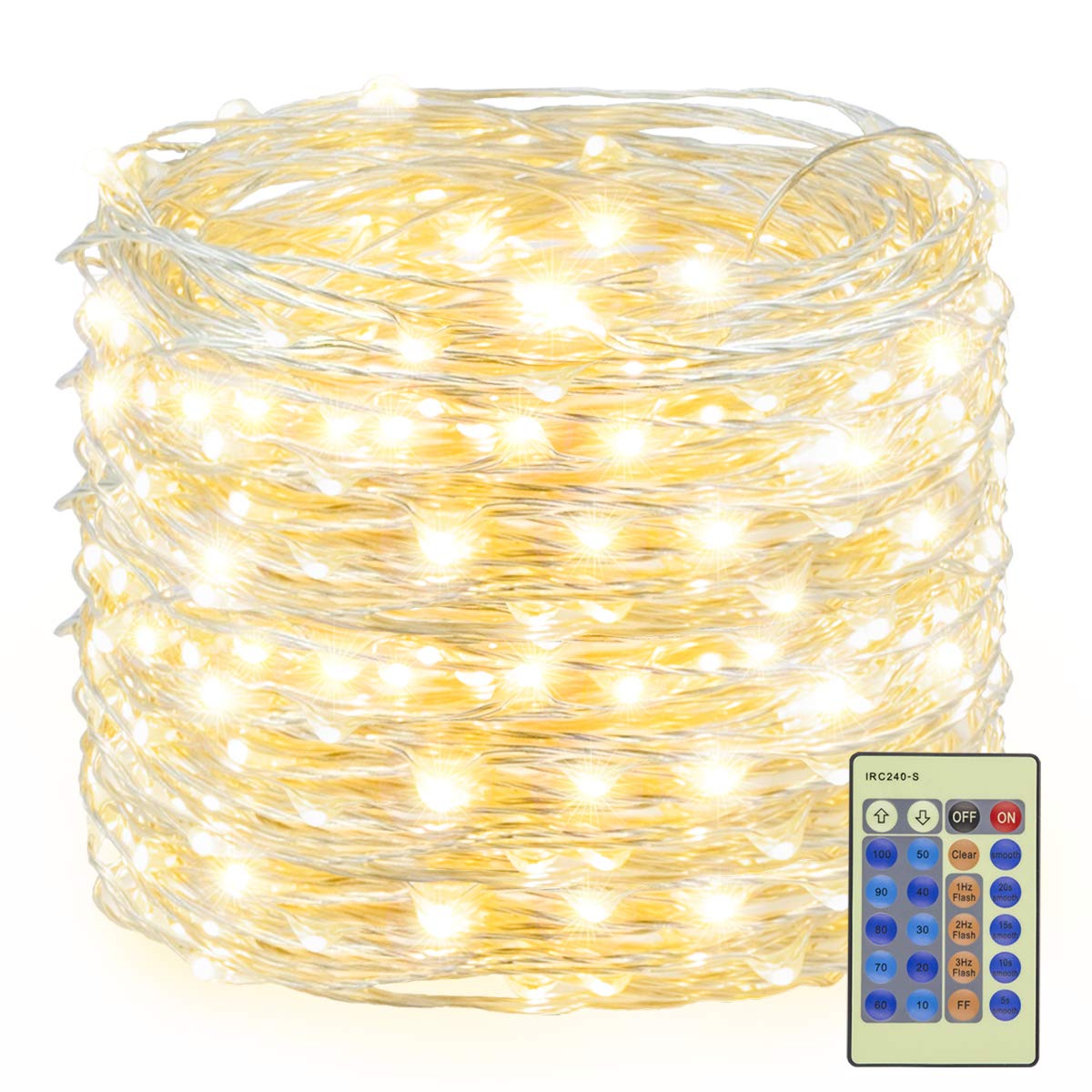 Decute 300LED String Lights, Warm White, 99FT Silver Wire, Dimmable with Remote, UL Certified for Indoor Outdoor Use