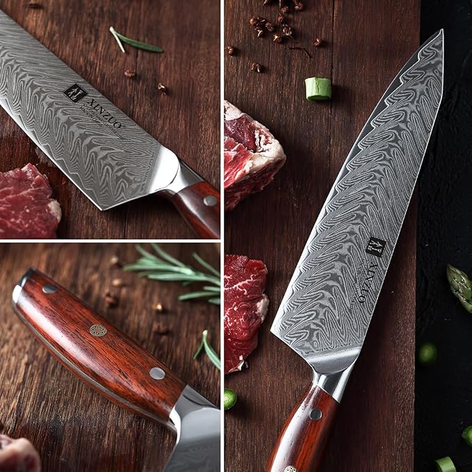 XINZUO Damascus Steel Chef Knife,8.3 Inch Kiritsuke Kitchen Knife Professional High Carbon Steel Forged Gyuto Cooking Knife-Ergonomic Rosewood Handle- Ash Wood Magnetic Knife Sheath-Yi Series