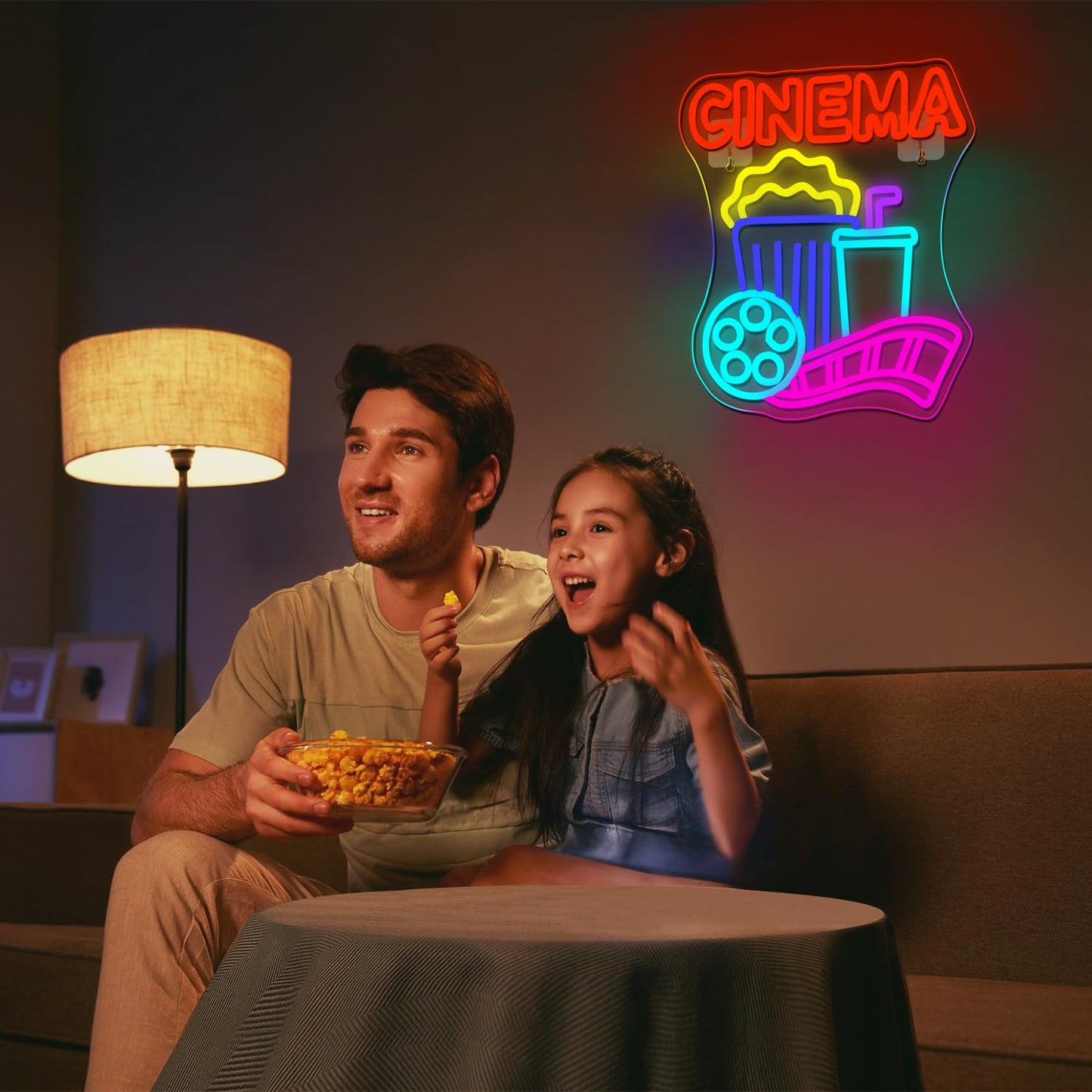 Looklight Cinema Popcorn Paper Box LED Neon Sign, Dimmable USB Light, 16x12 inches, Plastic, Cinema Color