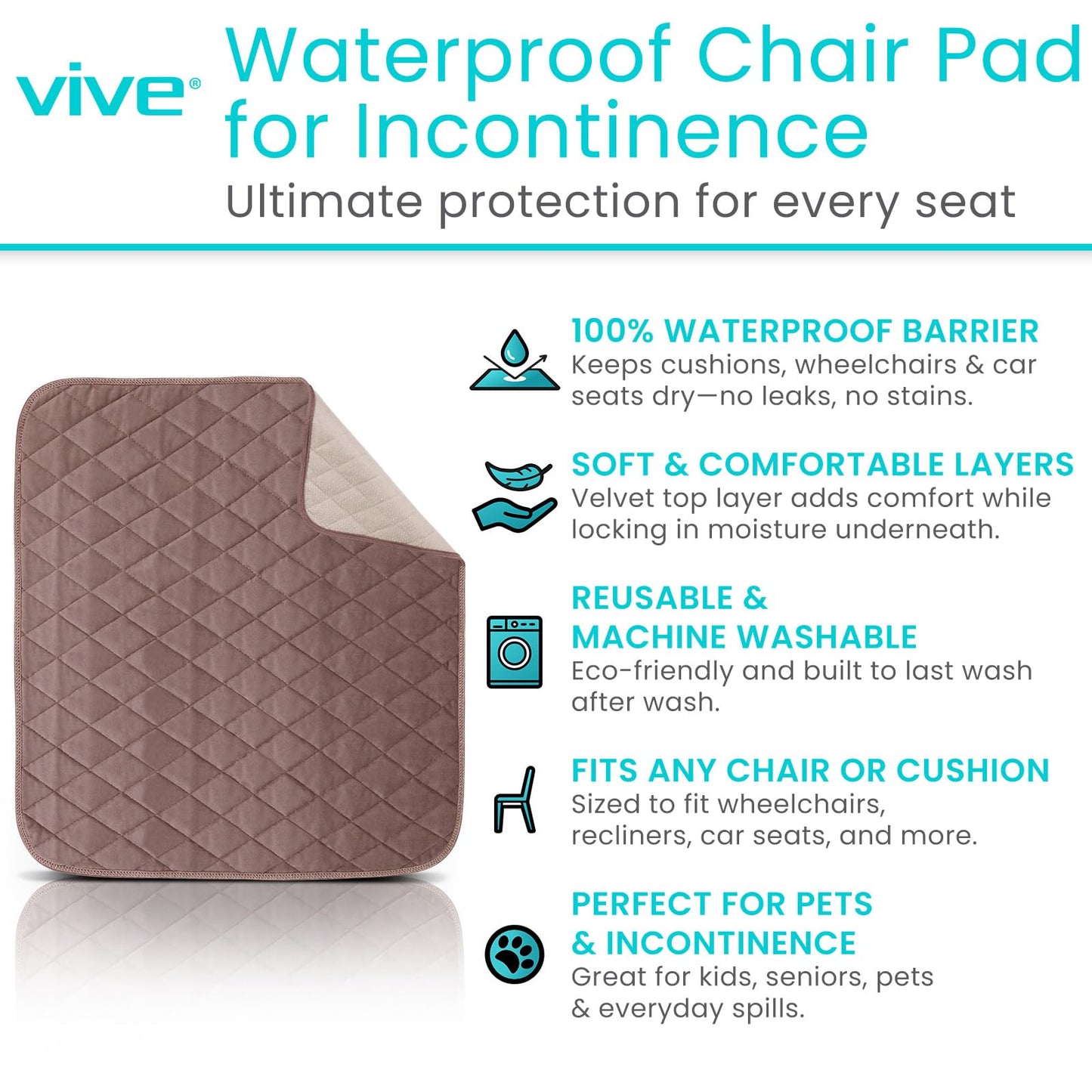 Sures Waterproof Chair Pads for Incontinence (22" x 21") - Washable, Waterproof Seat Protector - Chair Protector Seat Cover - Absorbent Pad for Bed, Seat, Car, Wheelchair & Recliner (Brown, 2 Pack)
