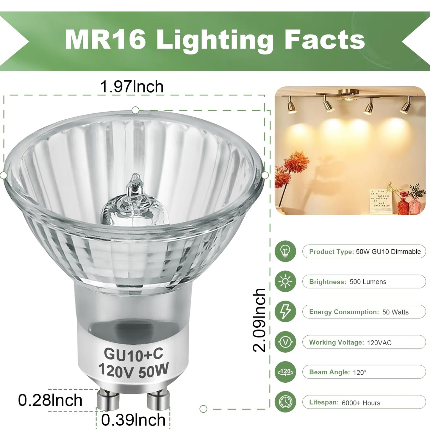 SerBion GU10 120V 50W Halogen Light Bulbs for Track and Range Hood, GU10+C Candle Warmer Lamp with Dimmable, 2700K Warm White, 6000+Hours Long-Lasting Pack of 6