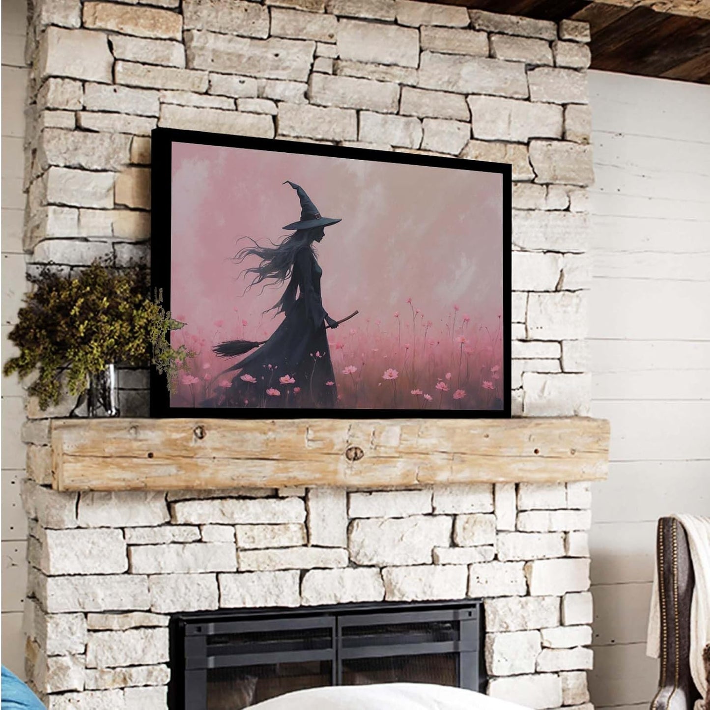 JFHCQJPK Witch in the pink sea of flowers Halloween prints weird flowers wall art silhouette painting fashionable romantic decoration suitable for bedroom12x16in Metal blackFramed