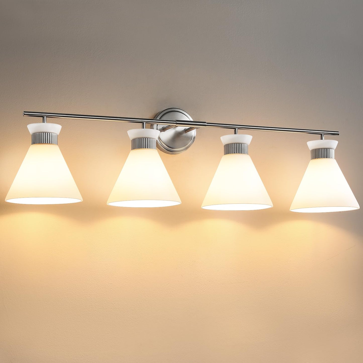 Woshitu Bathroom Light Fixtures: Brushed Nickel 4 Lights Bathroom Vanity Lights Over Mirror With Milky White Frosted Glass Shade  36 Inch Farmhouse Vanity Lighting Sconce (Exclude E26 Bulb)