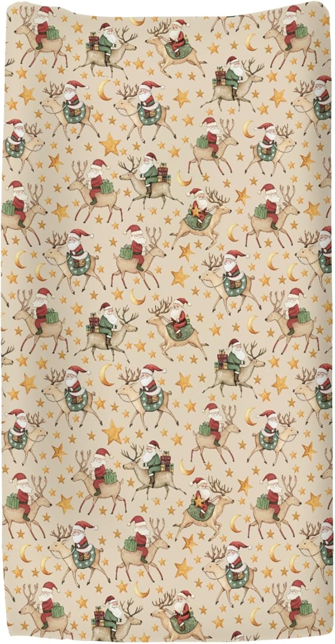 Cute Christmas Santa Claus Reindeer Baby Changing Pad Covers for Boy Girl Vintage Santa Gifts Stars Moon Fitted Changing Table Mats Winter Holiday Festive Soft Diaper Change Table Sheets 32''×16''