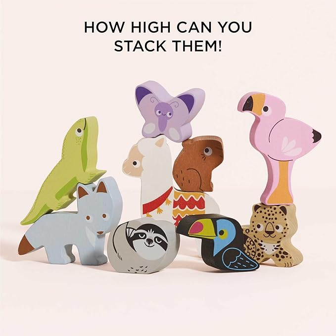 Le Toy Van - Wooden Andes Stacking & Bag - Petilou Forest Building Blocks Stacker & Bag - Educational Balancing Activity Toy for Kids Age 18 Months + - Tropical Animal Blocks