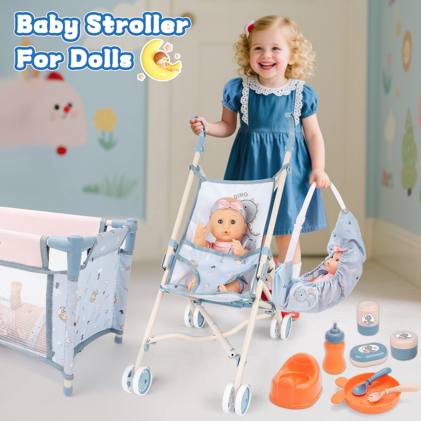 deAO Baby Doll Stroller Set 12" Baby Doll with Accessories Crib Bed High Chair, Nursery Role Play Set Toys Storage Bag,Foldable Storller, Pretend Play Birthday Gifts for Toddler Girls Boys