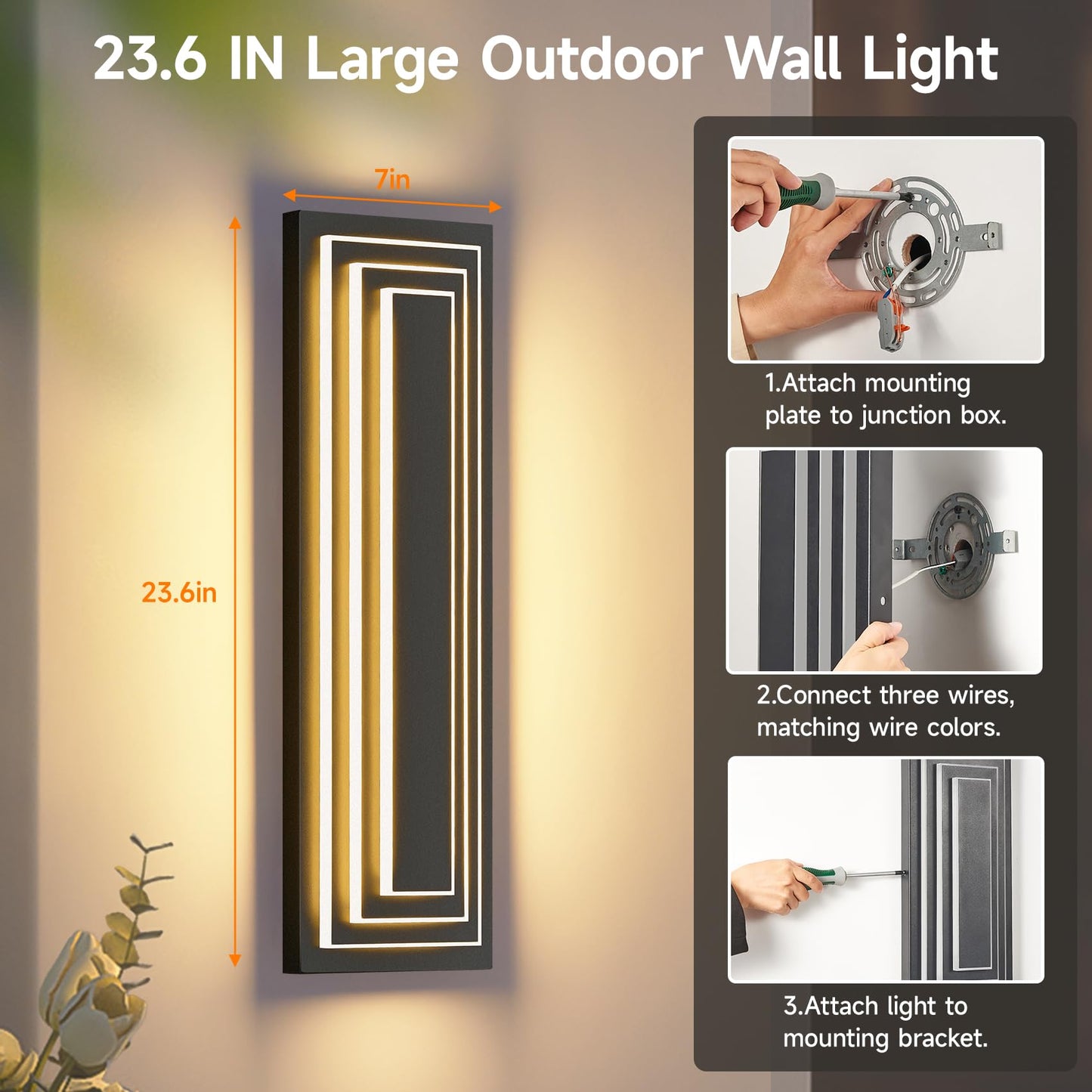 Zsmaiku 23.6 In Long Outdoor Wall Sconce 3-Tier Led Modern Exterior Wall Light Matte Black Outdoor Garage Lighting Fixtures Front Porch Patio Light Waterproof Acrylic Wall Lamp 36 W 3000K Warm White