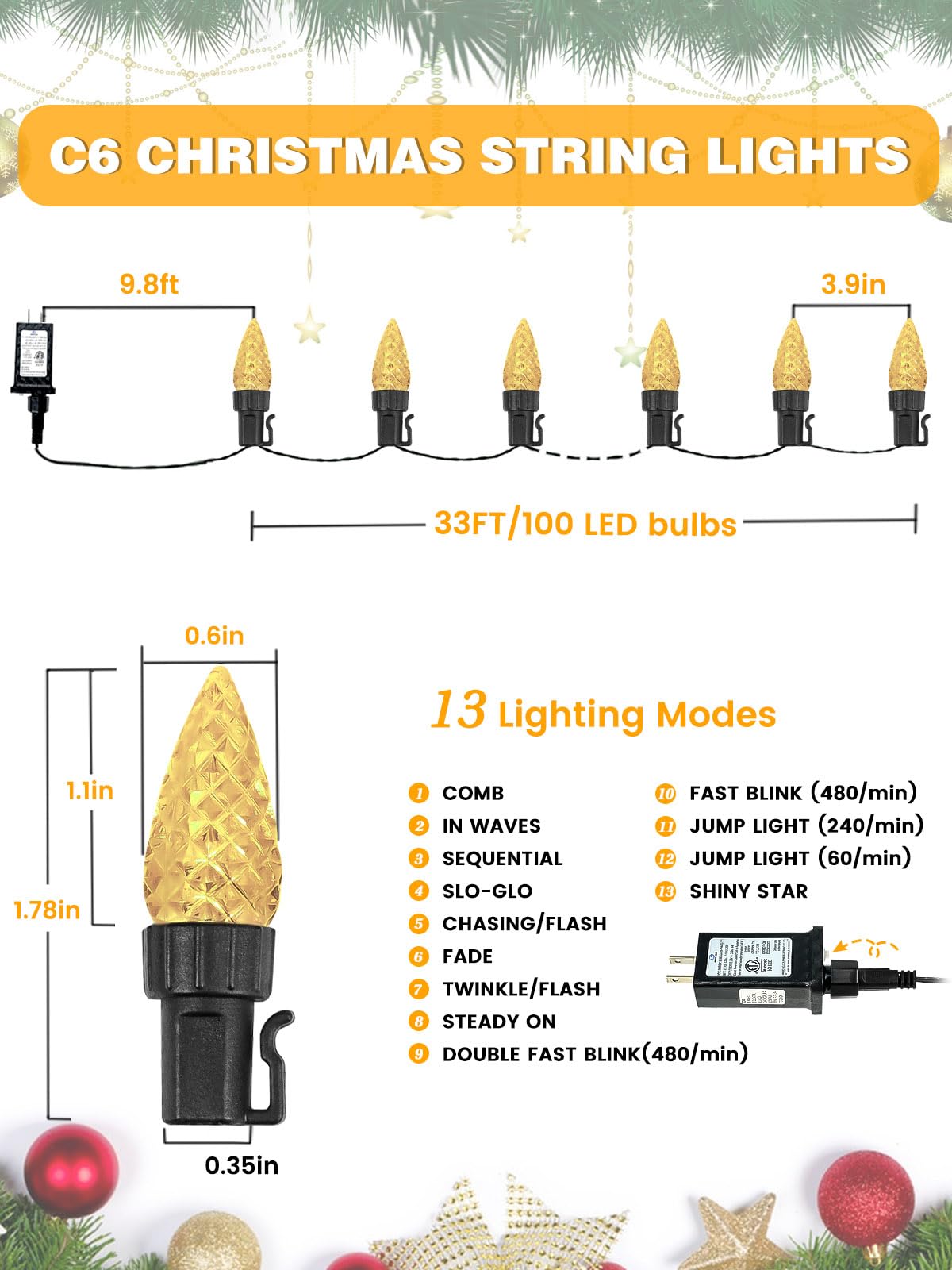 2 Pack C6 Christmas Lights Outdoor Indoor  Total 200 Led 66 Ft Connectable Christmas String Lights With Timer & 13 Modes  Waterproof Twinkle Light For Xmas Tree Party Wedding Decorations (Warm White)