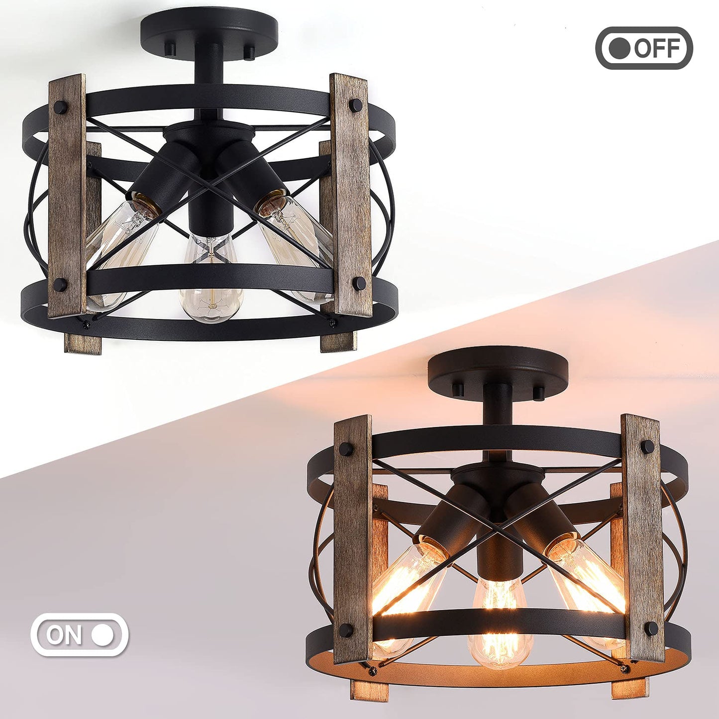 Bargeni 13-inch Flush Mount Light Fixture, 3-Light Rustic Ceiling Light, Matte Black Finish, Wood Metal, Ideal for Living Room and Kitchen