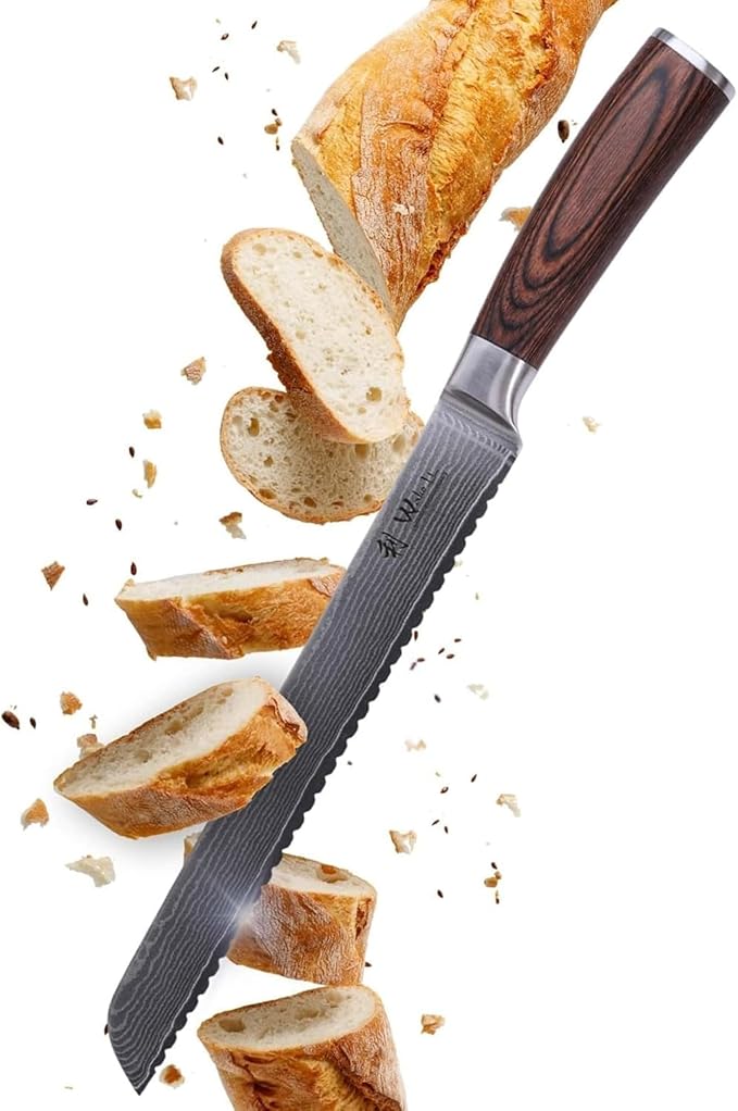 Wakoli EDIB Damascus Bread Knife – 9.1-Inch Long Serrated Blade | Japanese Style Kitchen Knife Made from 67-Layer Damascus Steel with VG10 Core | Ergonomic Pakkawood Handle | Premium Knife in Gift Box