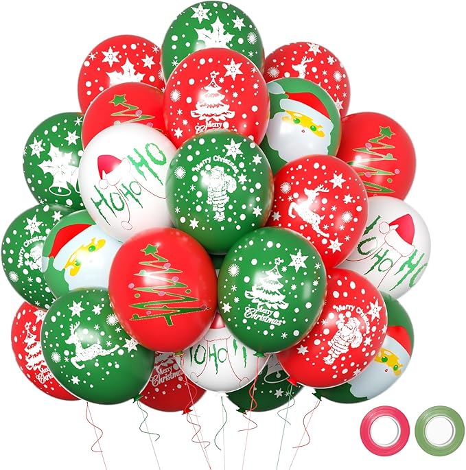 Christmas Balloons, 12 Inch Green and Red Balloons With Ribbon for Christmas Birthday Party Decorations