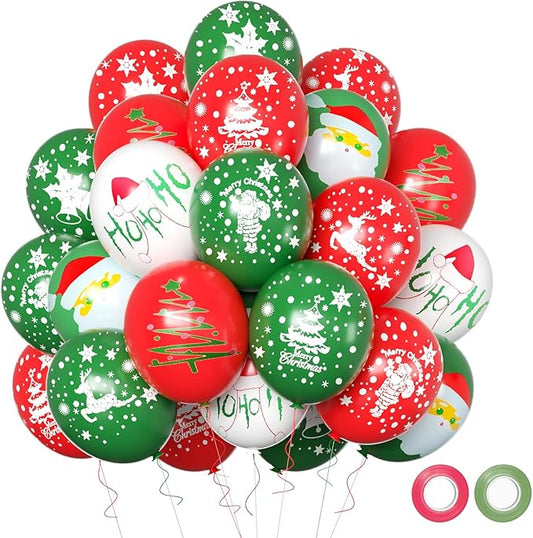 Christmas Balloons, 12 Inch Green and Red Balloons With Ribbon for Christmas Birthday Party Decorations