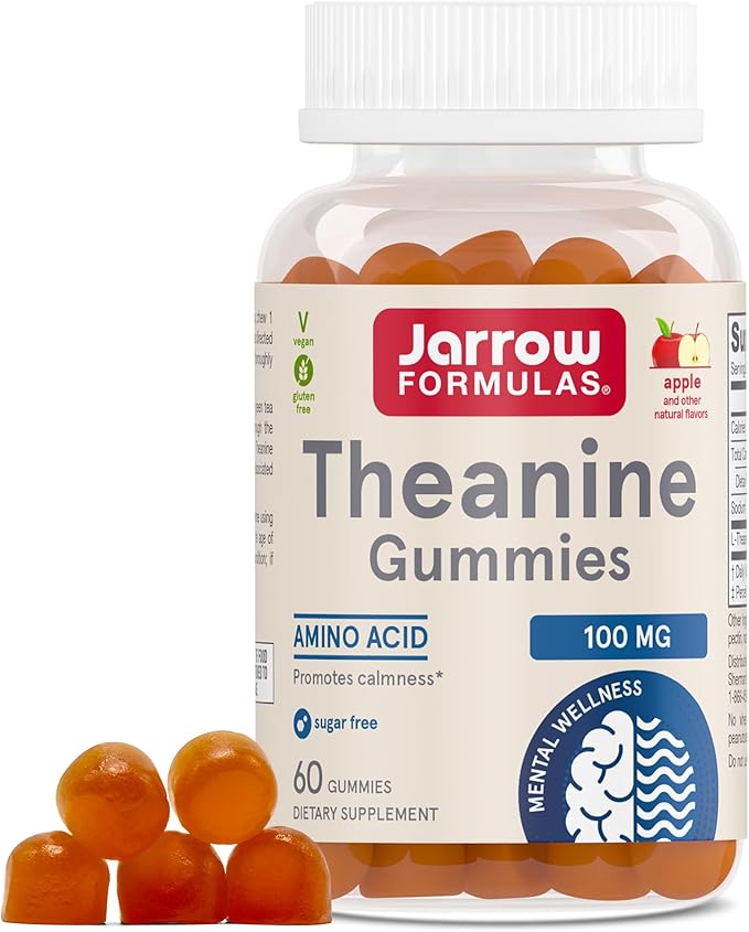 Jarrow Formulas Theanine 100 mg Gummies, Dietary Supplement That Promotes Calmness, 60 Apple-Flavored Gummies, 60 Day Supply