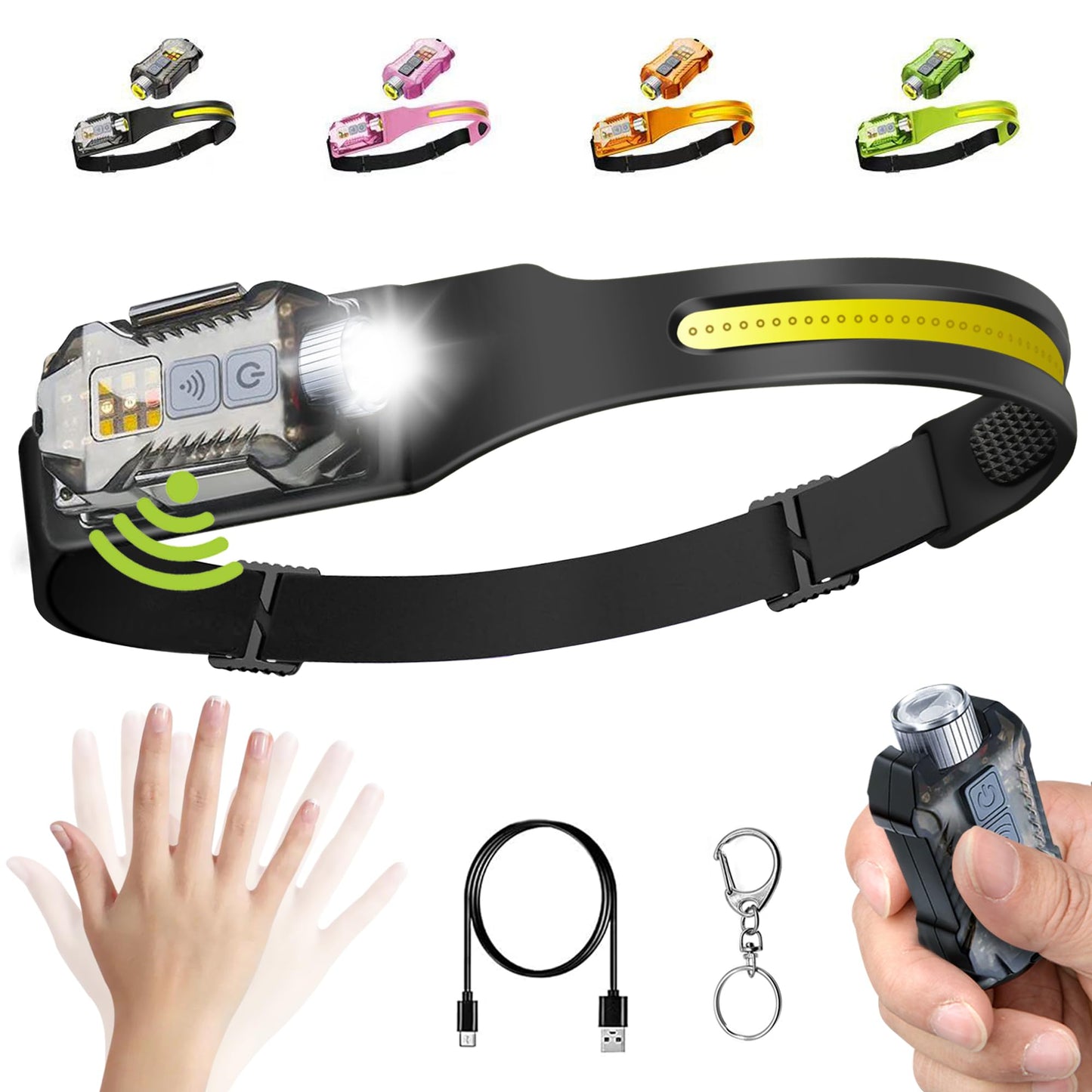 Head Lamp Led Rechargeable  230 Wide Beam Sensing Cob Headlamp Flashlight Detachable  9 Light Modes  Hard Hat Lamp  Ip65 Waterproof 400 Lumens For Camping  Hiking  Fishing  Working  Gift (Black)