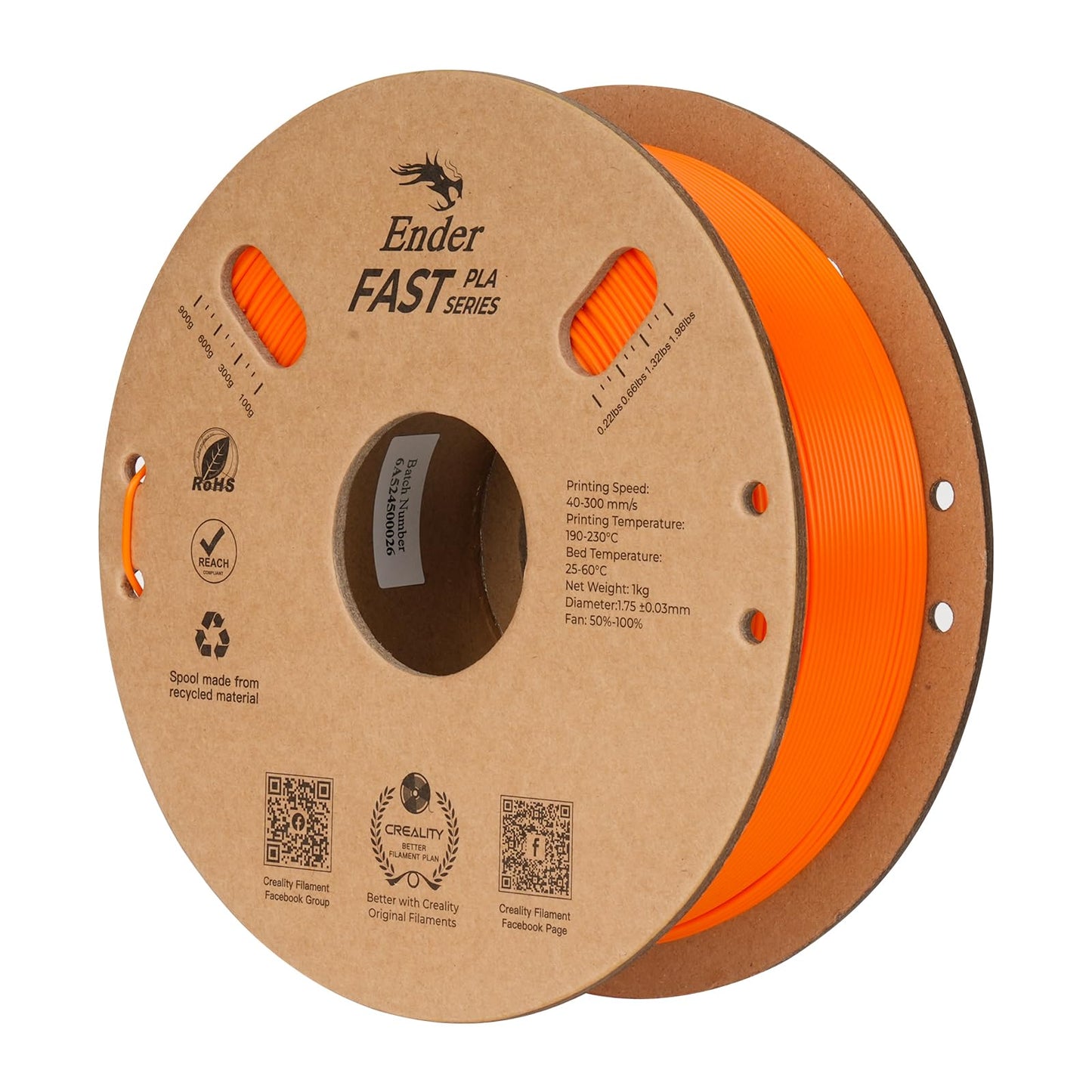 Creality High Speed PLA Filament 1.75mm, 3D Printer Filament for 300mm/s 3D Printing, Rapid PLA Dimensional Accuracy +/- 0.02 mm 1Kg Cardboard Spool(2.2lbs) for FDM 3D Printers (Orange)
